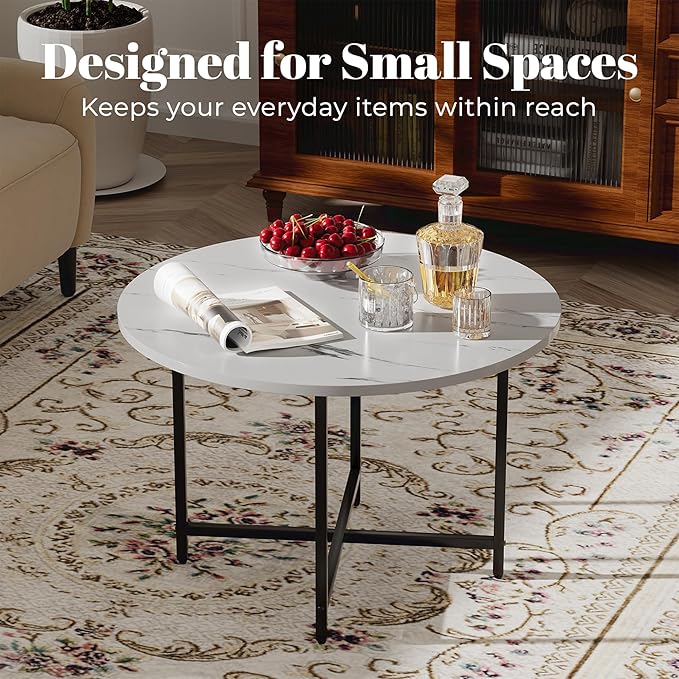 Round Coffee Table, Small Coffee Tables for Living Room, Low Wood Coffee Table with Metal Frame, Floor Table Desk for Sitting on The Floor, Home, Office, Rustic Brown (23.6" D x 17.7" H)