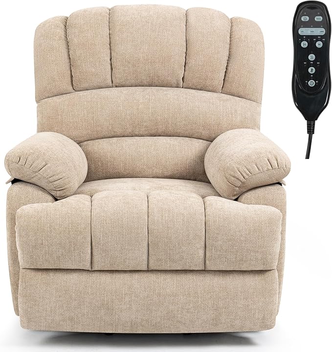 Large Recliner with Massage & Heat, Power Lift Chairs for Elderly, Beige Plush Recliner, 23" Seat Width, Extra Wide Reclinning for Seniors W/USB and Type-C Ports
