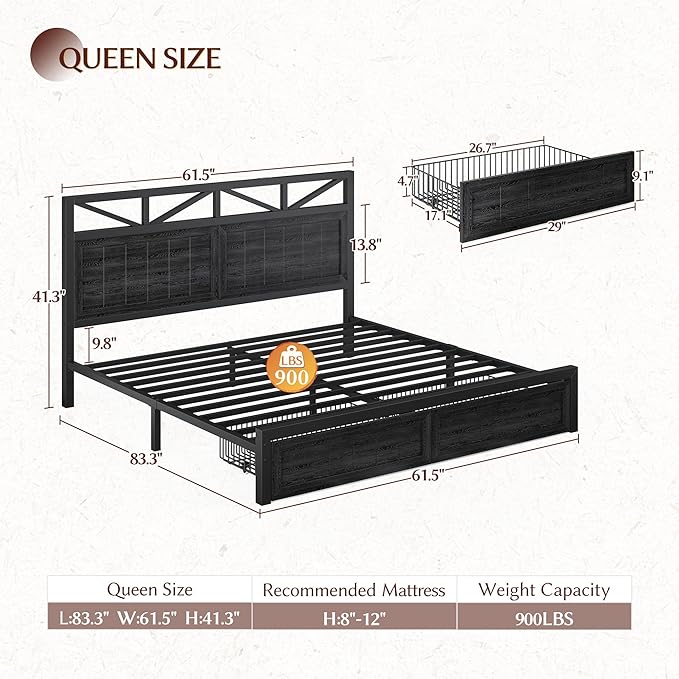 EnHomee Queen Size Bed Frame with 2 Storage Drawers and Headboard Built in Charging Station & LED Light,NO Noise,No Box Spring Needed,Black