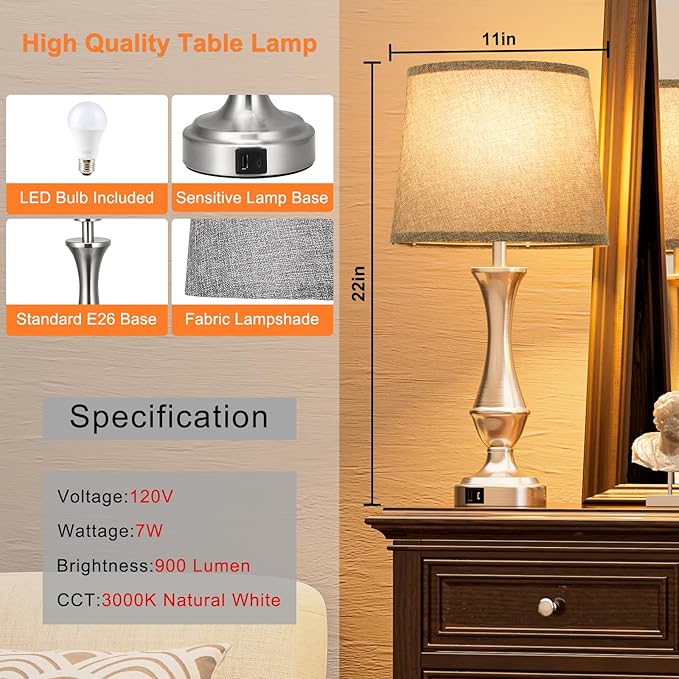 Upgraded Touch Lamps for Night Stands Set of 2 - Bedside Lamps with USB C+A, 3 Way Dimmable for Bedroom Living Room End Tables Office (Grey&Nickel)