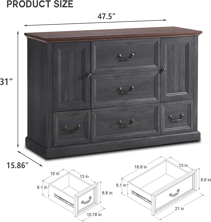 Farmhouse 5 Drawers Dresser for Bedroom, Wood Rustic Storage Organizer Closet Chest, Chest of Drawers w/Groove Barn Door&Shelf for Closet, Living Room, Dining Room, Hallway, Dark Grey