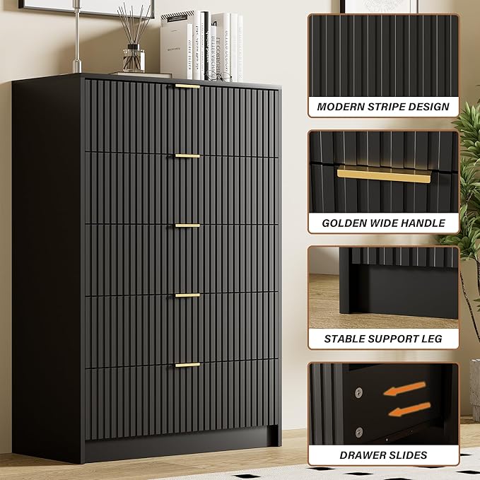 Black Dresser for Bedroom, Modern Dresser with 5 Drawers and Smooth Slides, Wide Chest of Drawers with Golden Handles for Bedroom, Living Room, Closet, 15.7" D x 31.5" W x 47.2" H