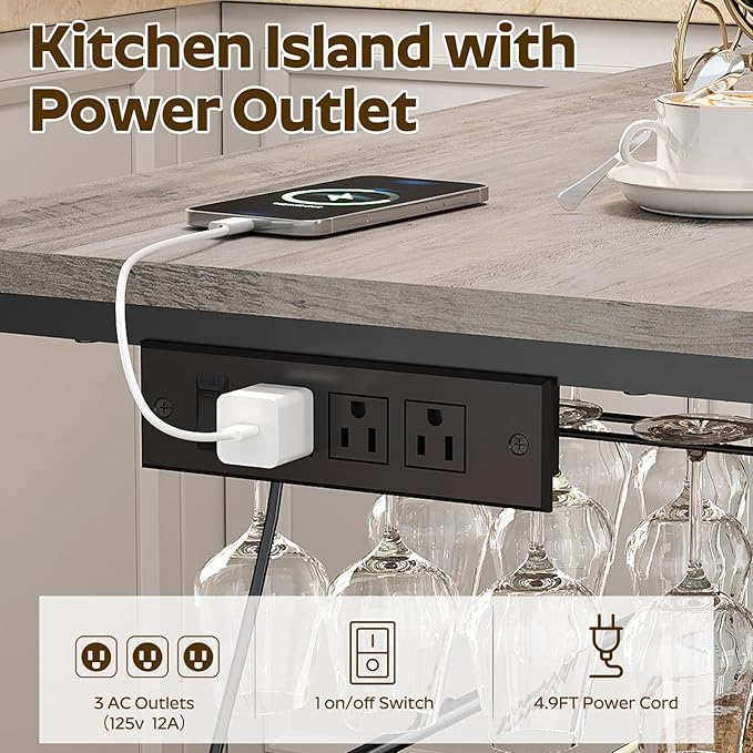 Kitchen Island with 3 Shelves, Kitchen Island with Power Outlet, Kitchens Storage Rack with 4 S Hooks, Microwave Stand and Coffee Bar Station for Dining Room, Greige and Black KIHG91E01