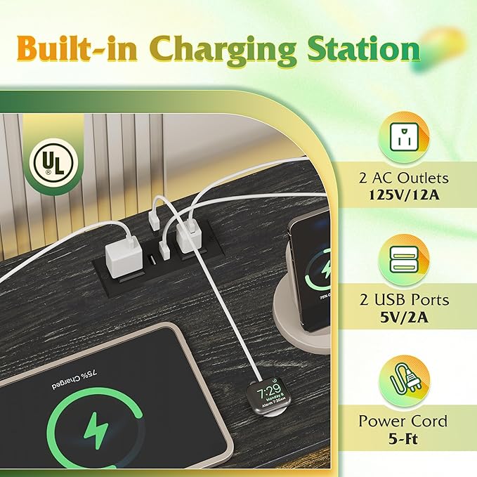 WLIVE Black TV Stand for 55, 60, 65 inch TV, Entertainment Center with LED Lights & Charging Station, TV Media Console Table with 15 Fabric Drawers and Open Shelves for Living Room, Hallway, Wood Top