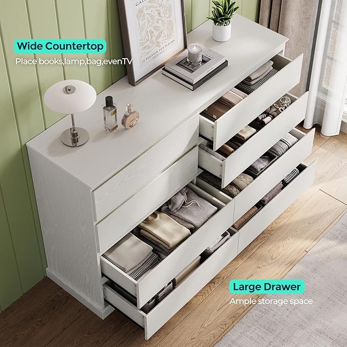 LINSY HOME 8 Drawer Dresser for Bedroom, 53" Wide Chest of Deep Drawers, Modern Farmhouse TV Stand Dressers with Storage, Large Drawer Organizer for Bedroom, Living Room, Handless Design, White