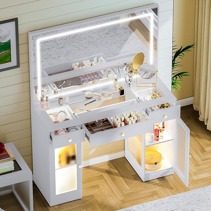 Pamapic Makeup Vanity with Lighted Mirror, Glass Top Vanity Desk with Power Outlet, 3-Drawer White Vanity, Makeup Table with 3 Color Modes Adjustment