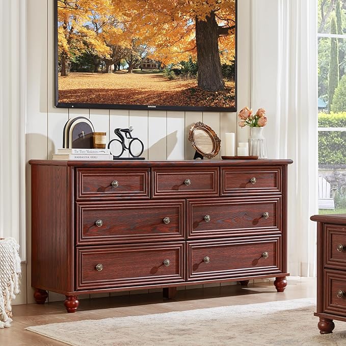 Dressers & Night Stand Set of 3, Wood 54'' Wide Dresser & 18'' Chest of Drawers, Roman Column 2 & 3 Drawer Nightstand Set of 2, Furniture 7 Drawer Dresser Suites for Bedroom Living Room, Hallway, Home