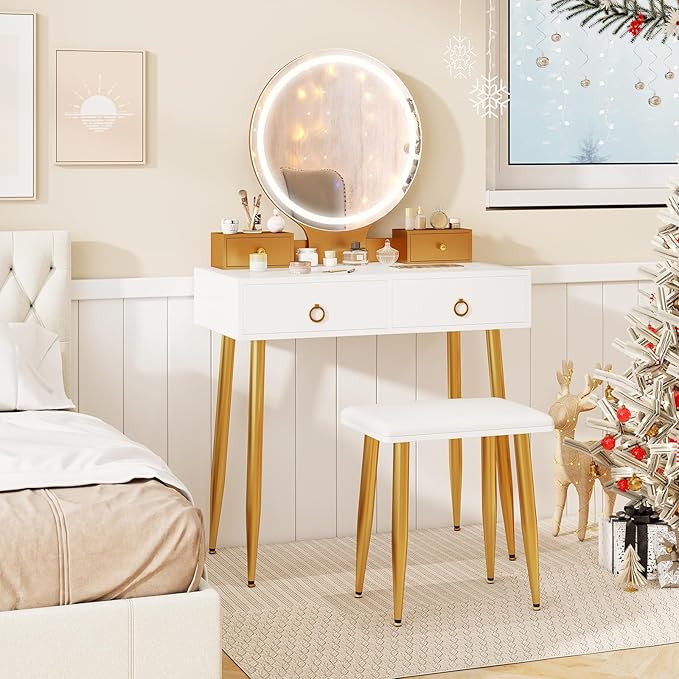 CHARMAID Vanity Desk with Mirror and Lights, Makeup Vanity with 4 Storage Drawers, 3 Lighting Modes, Adjustable Brightness, Modern Vanity Dressing Table with Stool for Bedroom, White & Gold