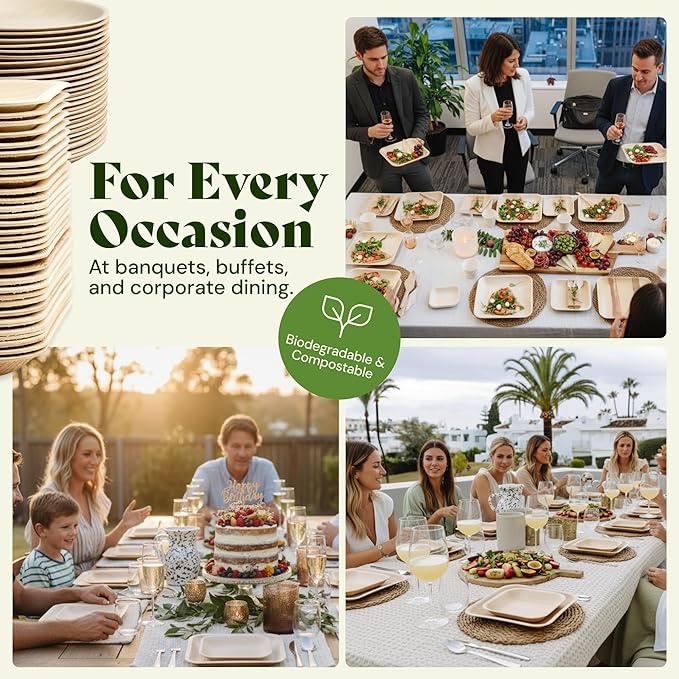 Chic Leaf Compostable & Biodegradable Palm Leaf Disposable Bamboo Plates - Disposable Party Plates for Appetizers - Christmas Meal Dinner, Turkey Holiday Food - Reusable Supplies (10 & 7 Inch Square)