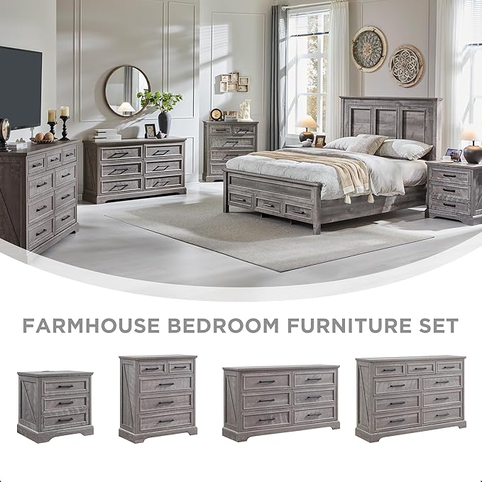 Farmhouse 6 Drawer Dresser for Bedroom, 52 Inch Wide Modern Dresser TV Stand with Large Drawers & Bar Handles, Rustic Wood Chest of Drawers for Bedroom, Living Room, Hallway, Grey