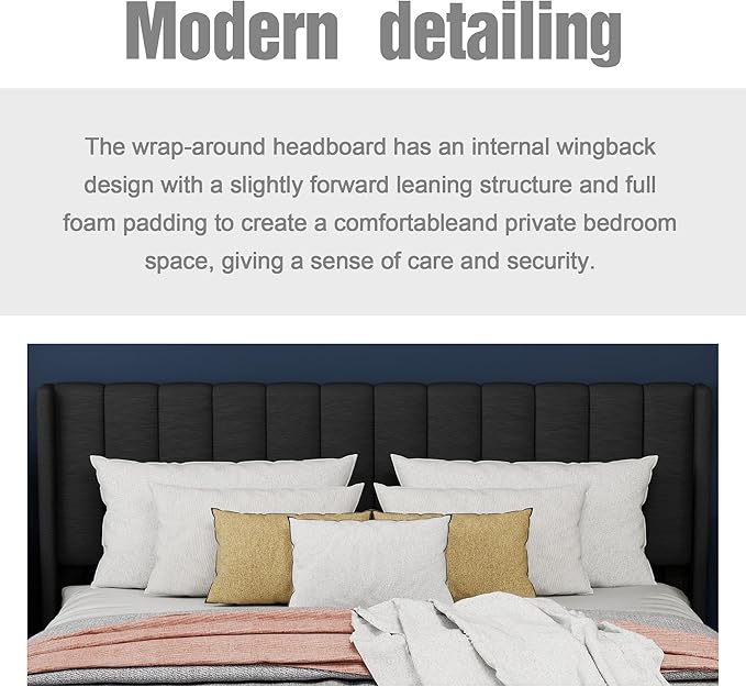 Upholstered Platform Full Size Bed Frame with Headboard Wooden Slats Support No Noise Easy Assembly Black Linen