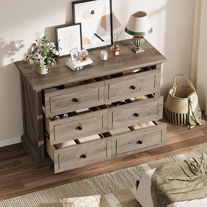 QUW Farmhouse 6 Drawer Dresser for Bedroom, 47" Wide Wood Chest of Drawers with Charging Station, Metal Handle, Modern Closet Clothes Storage Organizer for Living Room, Hallway, Entryway, Grey