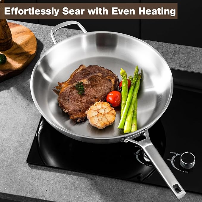 Stainless Steel Pan,14 inch Frying Pan, Heavy Duty, Large Frying Pan, Fast & Even Heating, Up to 650°, Oven & Dishwasher Safe,Compatible with All Cooktops