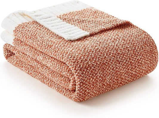 Snuggle Sac Orange Fall Blanket Twin Size, Oversized Soft Warm Cozy Knit Bedding Blanket, Luxurious Microfiber Blankets for Bed, Orange, 60x80 inches