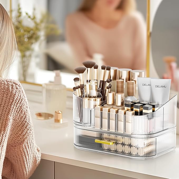 Delamu Makeup Organizer for Vanity with Stackable Drawers, 360 Rotating Makeup Brush Holder Large Cosmetic Display Case for Dresser, Bathroom Countertop Skincare Organizers and Storage, Crystal Clear