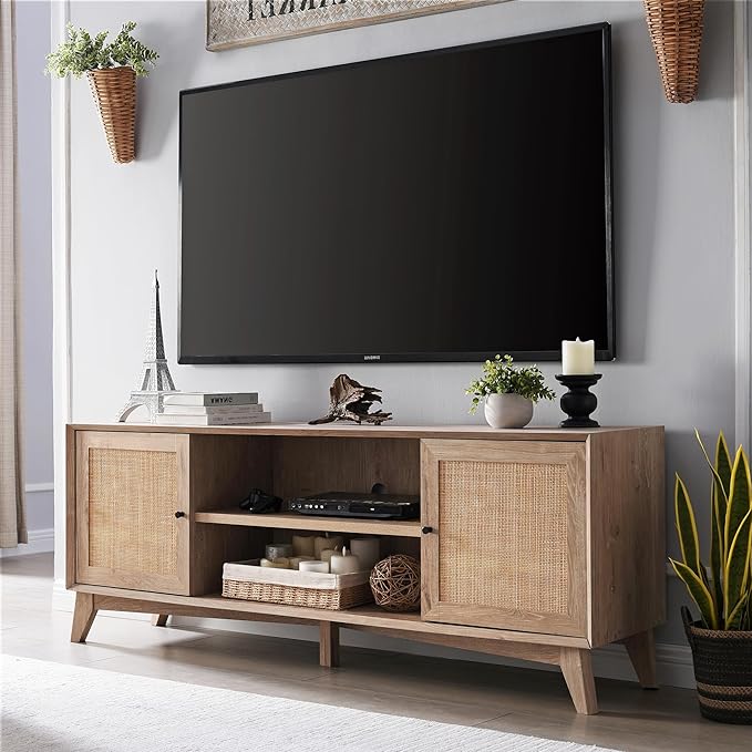 T4TREAM Rattan TV Stand for 75 Inch TV - Mid Century Modern Entertainment Center for Living Room, Large Boho Media TV Console with Storage Shelves, Oak