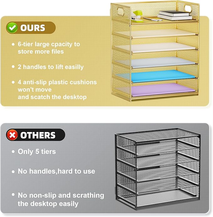 Marbrasse 2 Pack Desk Organizer with Handle, 6 Tier Paper Letter Tray, Mesh Desk File Organizer for Office, School and Home - Gold
