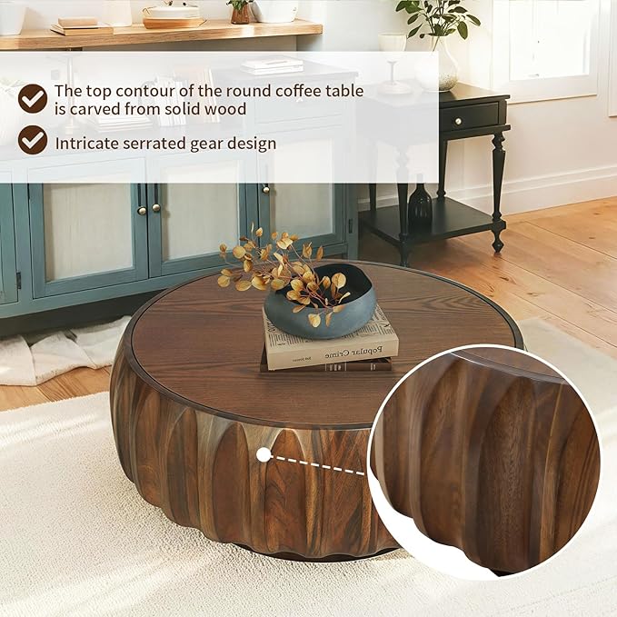 31.5" Drum Coffee Table Modern Unique Fluted Tea Table Contemporary Wood Round Coffee Table with Fluted Centry Table for Living Room Walnut