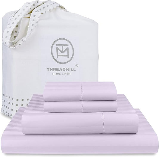 Threadmill 500 Thread Count King Size Damask Stripe, 4 Pc Luxury Cotton Bed Sheet Set, Silky Soft & Breathable Lilac Sheets with 16" Elasticized Deep Pocket, 2 Pillowcases & Free Tote Bag
