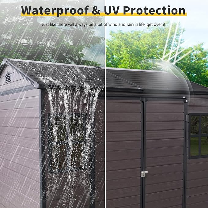 8x6 FT Outdoor Storage Resin Shed with Floor, Waterproof Plastic Garden Tool Shed with Windows, Vents & Lockable Door and Sloped Roof, Easy to Assemble Bike Shed for Patio, Backyard, Lawn, Brown