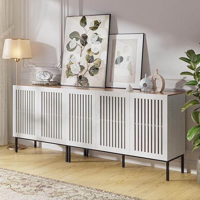 Farmhouse TV Stand for TVs up to 85 inch, 2 in 1 Entertainment Center TV Console with Storage Cabinets and Metal Base,Media Console for Living Room, Antique White