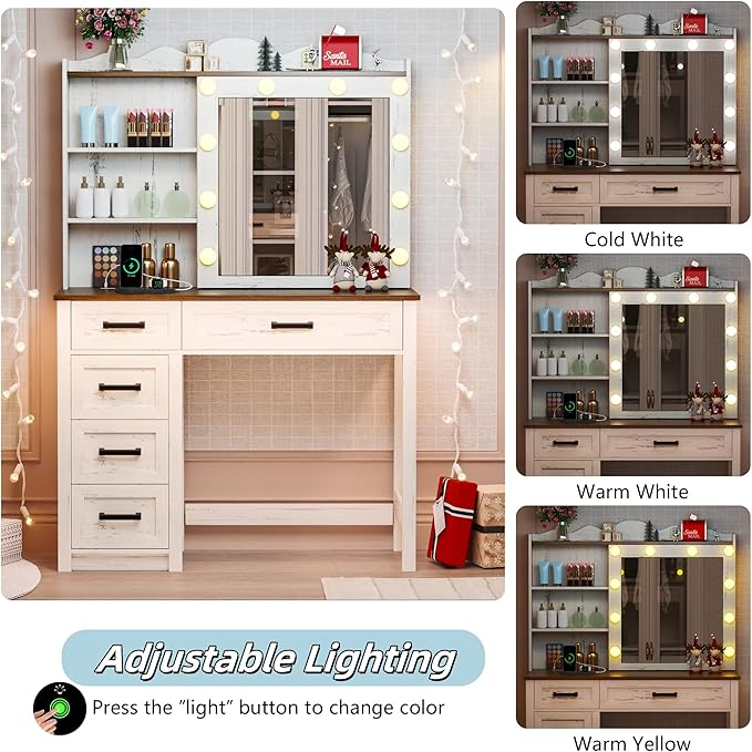 Farmhouse Makeup Vanity, Vanity Desk with Built-in Charging Station, Wood Vanity Set with 3 Levels of Open Storage Shelves & 3-Color Lighting, Makeup Desk with Hidden Storage, White