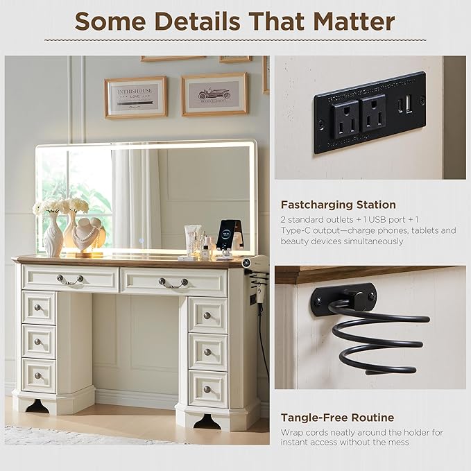 Makeup Vanity Desk with 48" HD Lighted Mirror, Farmhouse Vanity Desk with 8 Drawers, Vanity Table with 3 Color Modes, Dressing Table with Glass Top and Power for Bedroom (Antique White)