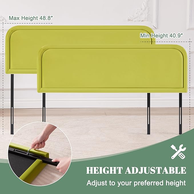 Velvet Fabric Headboard Queen, Upholstered Headboard Queen Size Only, Dorm Bed Headboards from 41” to 49” Height, Sturdy and Durable Solid Wood Bed Head Board, Green