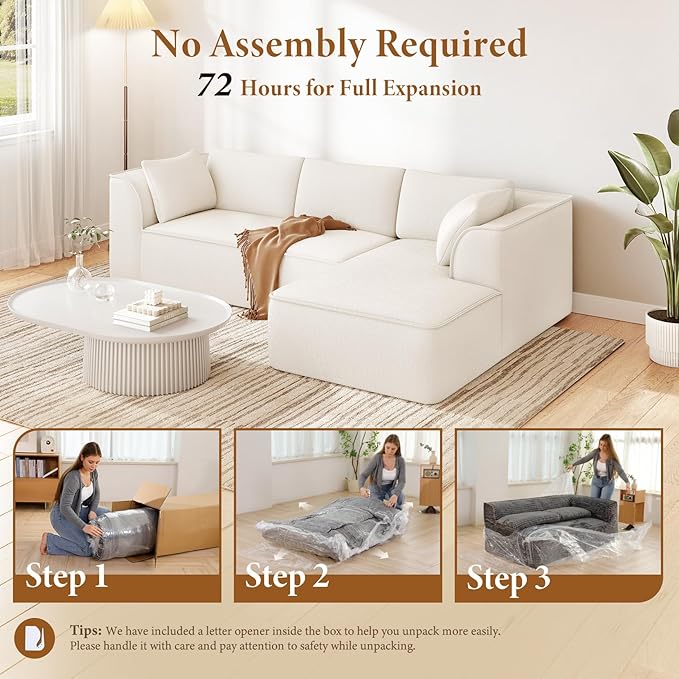 Vesgantti 106" Cloud Sectional Couch with Chaise, Deep Seat Modular Sectional Sofa Chenille Memory Foam Sofa Boneless Couches for Living Room Bedroom, No Assembly Required (Beige, Right-Facing Chaise)