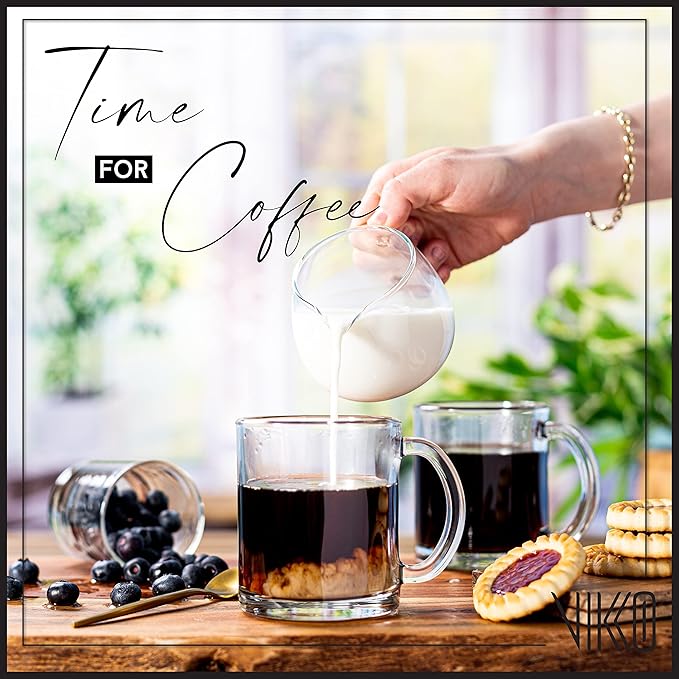 Vikko Glass Coffee Mug Set of 6, 10.75 Ounce Clear Mugs, Microwave and Dishwasher Safe