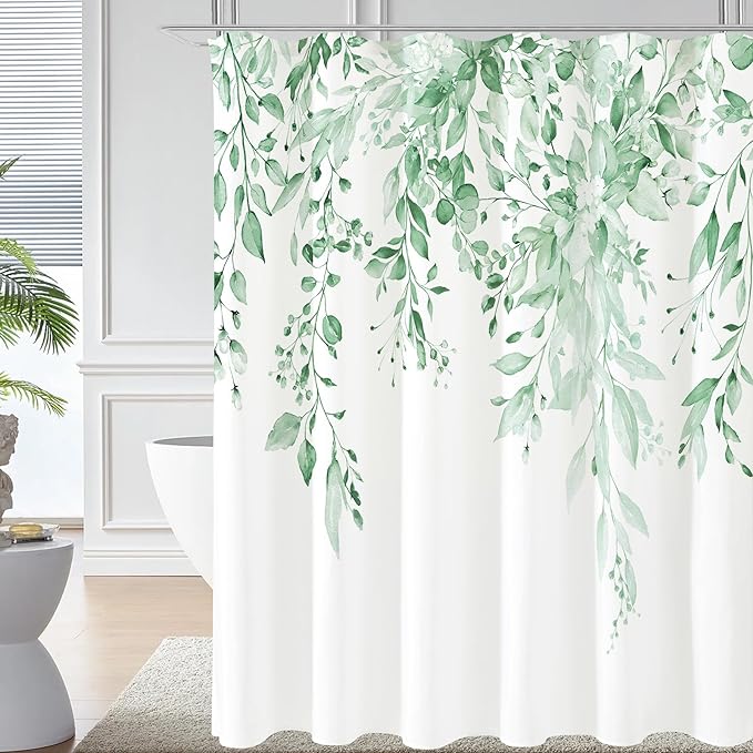 Gibelle Mint Green Eucalyptus Shower Curtain, Watercolor Plant Leaves with Floral Bathroom Shower Curtain Set with Hooks, 72x72