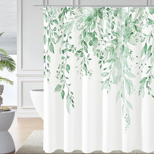 Gibelle Mint Green Eucalyptus Shower Curtain, Watercolor Plant Leaves with Floral Bathroom Shower Curtain Set with Hooks, 72x72