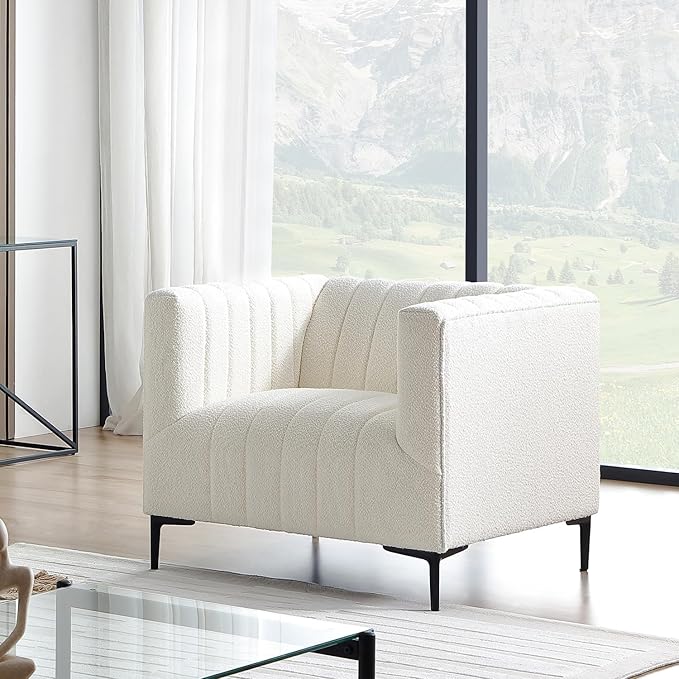Get Set Style Modern Accent Single Sofa Chair with Arms,Tufted Boucle Upholstered Comfy Reading Arm Chair,Thick Seat Cushion Chair for Living Room Bedroom Study Studio Lounge, White