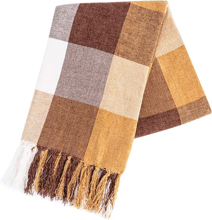 RECYCO Buffalo Paid Chenille Throw Blanket for Couch, Soft Cozy Decorative Buffalo Check Blanket Throw with Tassels for Bed Sofa, Lightweight Chenille Knitted Throw, Plaid Brown Off White, 50'' x 60''