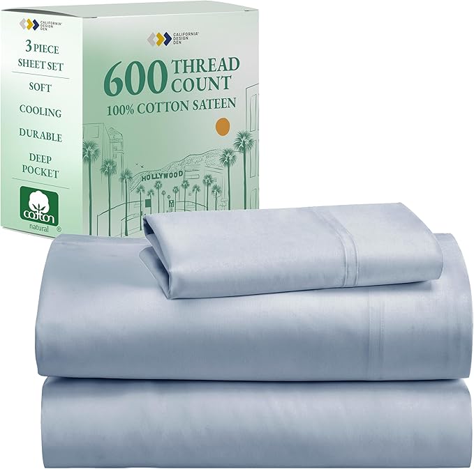 California Design Den Luxury Twin Sheet Set - 100% Cotton, 600 Thread Count Deep Pocket Twin Sheets, Soft Hotel-Quality Bedding with Sateen Weave - Blue
