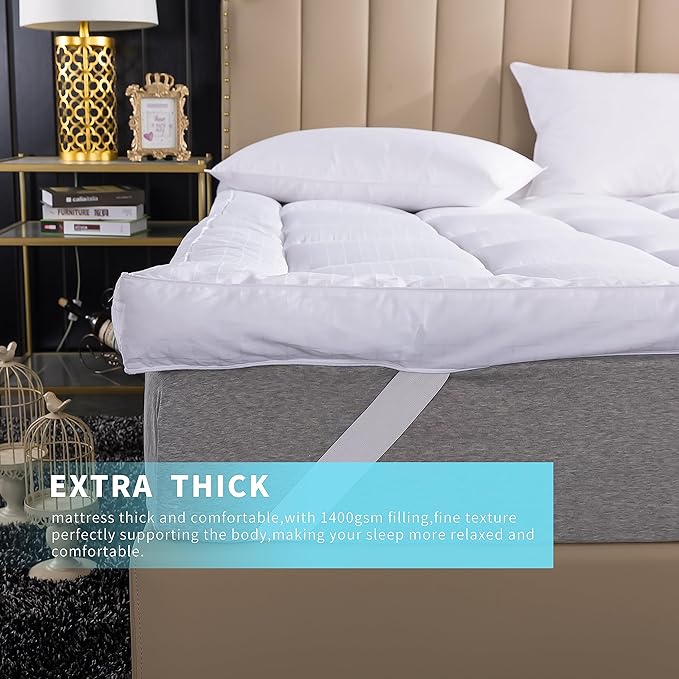 Extra Thick Twin Size Mattress Topper. Cooling Mattress Pad. 100% Cotton Pillow Top, 1400GSM Soft Down Alternative Fill (39x75'')
