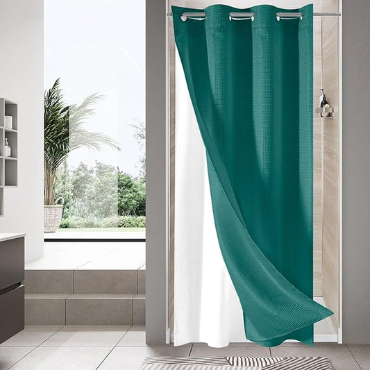 MitoVilla Dark Green Waffle Small Stall Shower Curtain 36 x 74, No Hooks Required Half Size Narrow Fabric Cloth Shower Curtain Set with Snap-in Liner for Modern Bathroom Decor, Seaweed Green