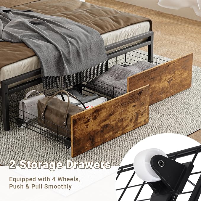 Full Bed Frame w/ 2 Storage Drawers, Full-Size Platform Bed Frame w/Headboard, Adjustable RGB LED Light, Charging Station, Full Metal Bed Frames No Spring Box Required, Brown