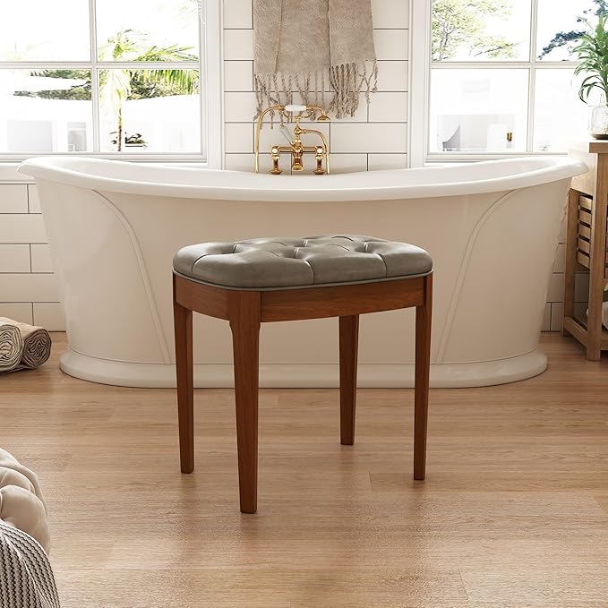 Solid Wood Button Tufted Vanity Stool, Ottoman with Wood Legs & Padded Seat PU Leather Upholstered Piano Bench with Non-Slip Foot Pads Accent Stool for Bedroom Entryway, Grey