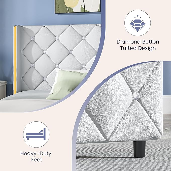 Twin Bed Frames with Headboard, Bed Frame Twin with Diamond Tufted Design, Upholstered Platform Bed with Wingback, No Box Spring Needed, Easy Assembly, White