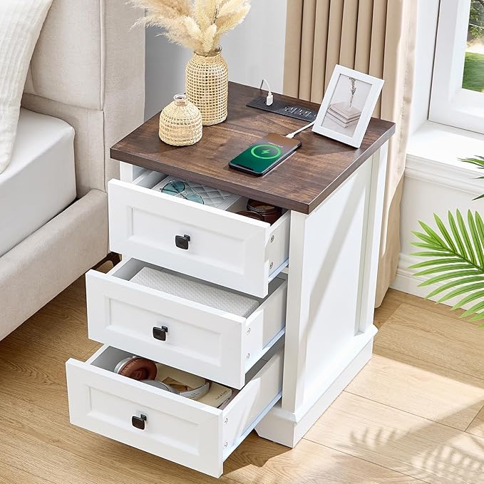 LIDYUK 3 Drawer White Dresser for Bedroom Farmhouse Dresser Chest of Drawers, 25" Tall Nightstand with Charging Station Chest of Drawers for Bedroom, Living Room