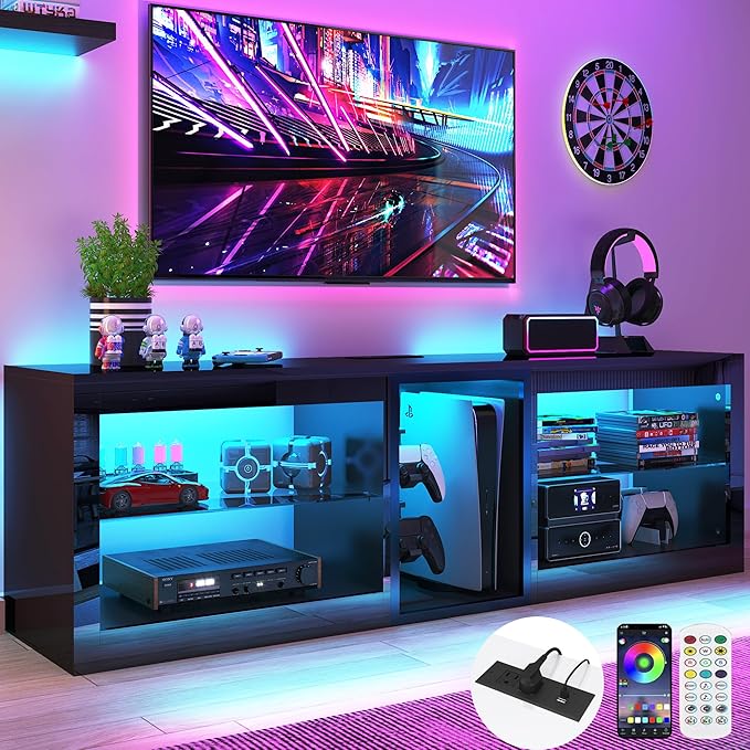 Vinctik 6&Fox LED TV Stands w/Power Outlet,60,00-Colors Lighting for 65 70in TV, 63" Modern High Gloss Entertainment Center,TV Console W/Adjustable Glass Shelves for Living Room Game Bedroom (Black)