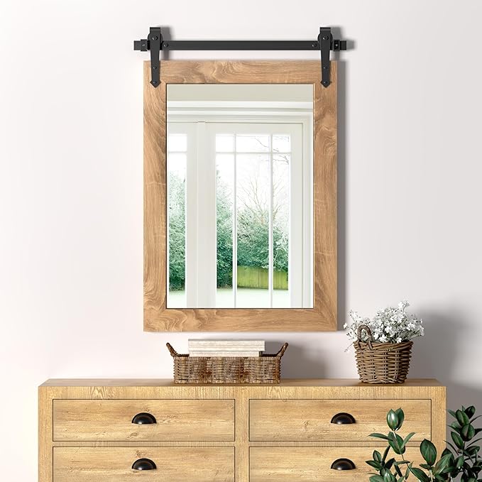 Farmhouse Barn Door Mirror 22”x32” Rustic Decorative Vanity Mirrors Wall Decor Mirror for Bathroom Living Room Entryway
