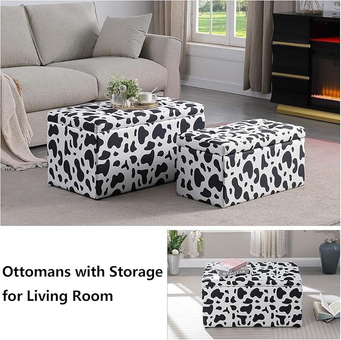 Storage Ottoman Bench with 2.56-inch Thick Seat, 31.5 inch Nesting Ottoman Set of 2, Hinged Flip Top Bench with Storage for Living Room, Bedroom, Cow Print