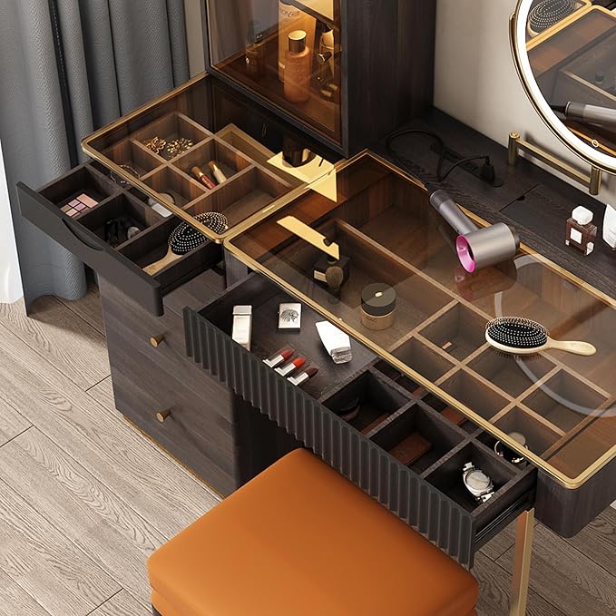 Lartis Vanity with Mirror and Lights Makeup Vanity Table with Stool, 47 inch Black Dressing Table with Dimmable LED Mirror, Ample Storage, Convenient Power Access, Easy Assembly