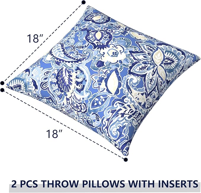 Outdoor Pillows for Patio Furniture 18x18 inch, Square Outdoor Throw Pillows with Inserts, Decorative Toss Pillows for Garden Couch Home Sofa Office Chair, Pack of 2,Floral Bluish Violet