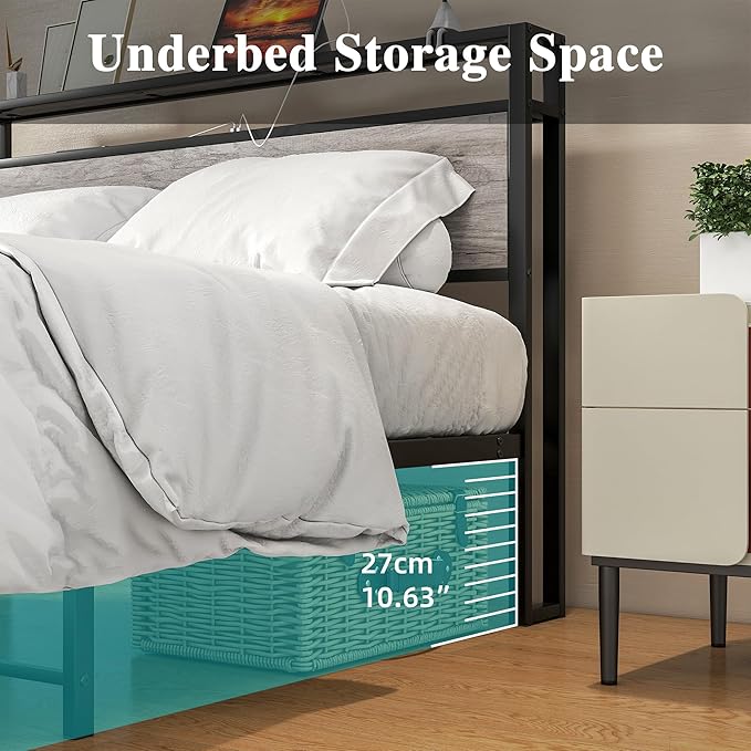 Full Size Bed Frame with Storage Headboard/USB Charging Station,Metal Platform Bed Frame Full Size No Box Spring Needed,Noise-Free,Strong Steel Slats Support,Warm Grey