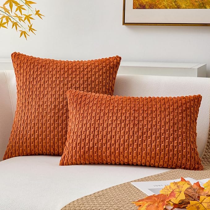 Kevin Textile Pack of 2 Fall Corduroy Decorative Throw Pillow Covers 12x20 Inch Soft Boho Striped Pillow Covers Modern Farmhouse Home Decor for Sofa Living Room Couch Bed Rust