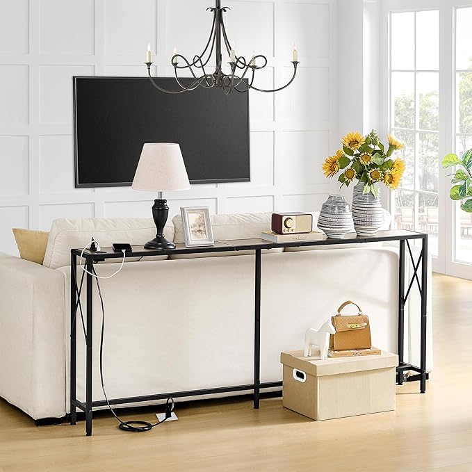 70" Sofa Tables Narrow Long, Behind Couch Table with Oulets & USB Ports, Industrial Long Skinny Stand for Entryway,Hallway, Living Room, Bedroom 7.9" D x 70" W x 24.8" H