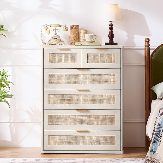 LEYAOYAO White Dresser for Bedroom Set of 2, 41" Tall Chest of Drawers, Modern 6 Drawers Boho Rattan Dressers with Storage, Dresser Wooden Closet Organizer for Living Room, Hallway